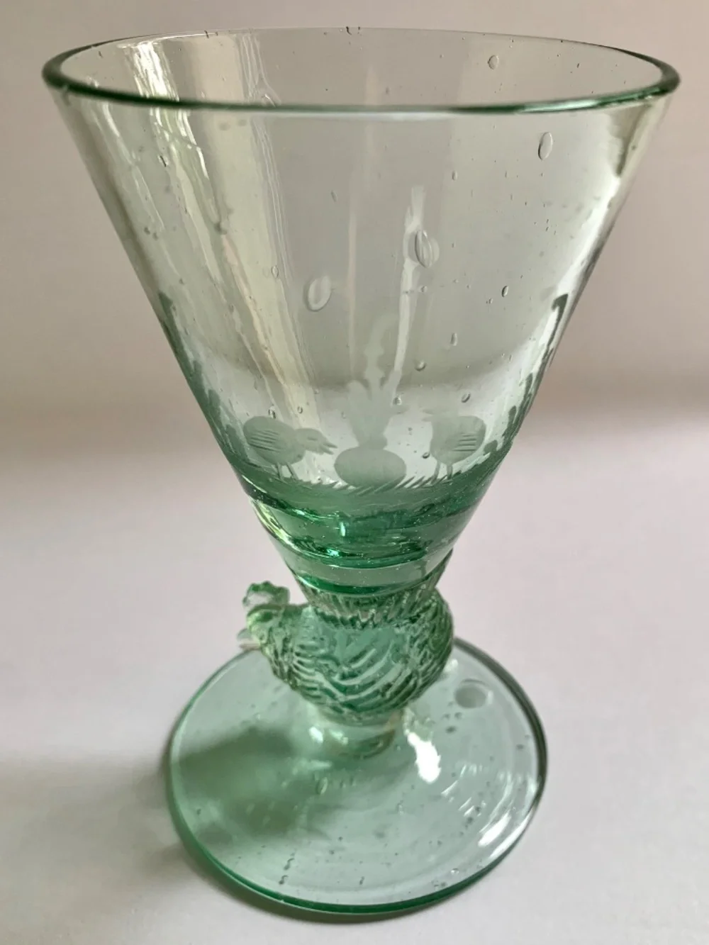 Antique Hand Blown Green Glass Rooster Juice Glasses Set 8 Etched Early American